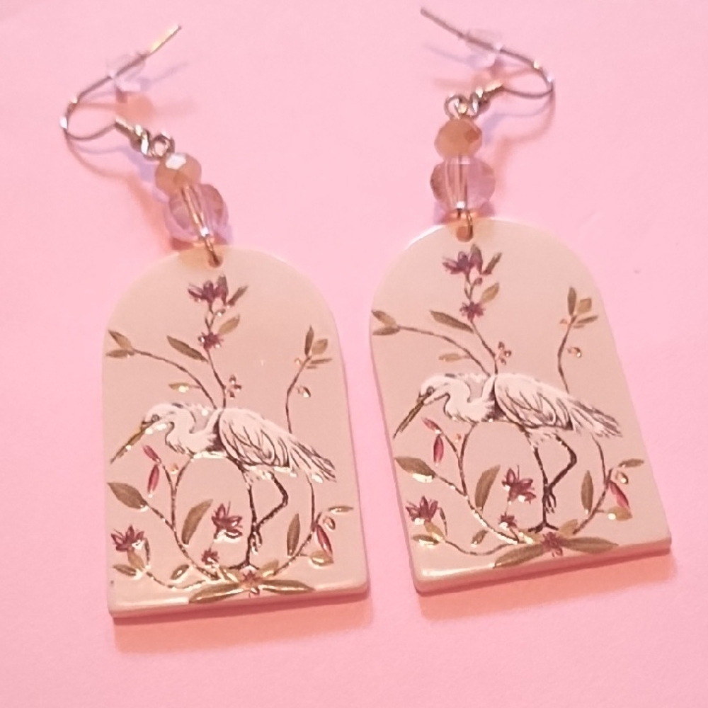 Floral Bird Cranes Design Earrings